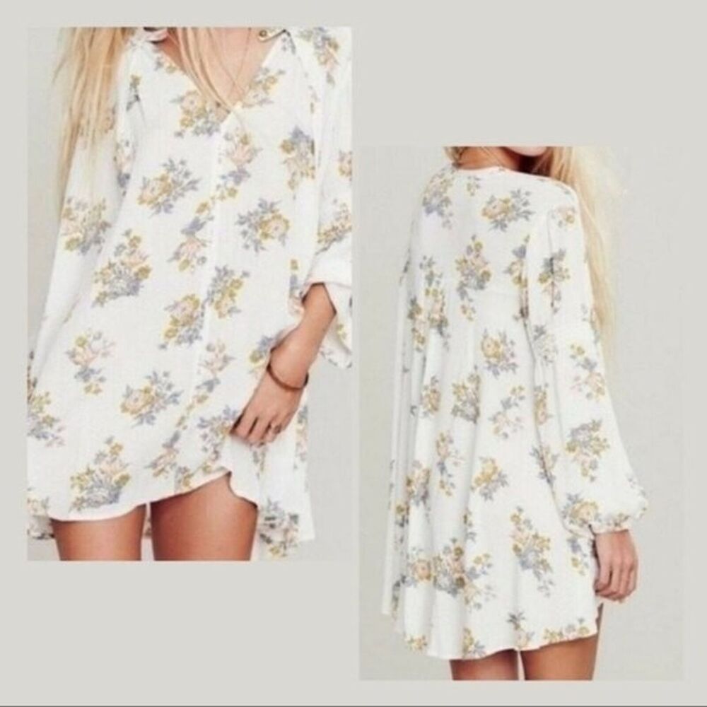 Free People Retro Tree Swing Tunic Mini Dress White Gardenia Print Size XS